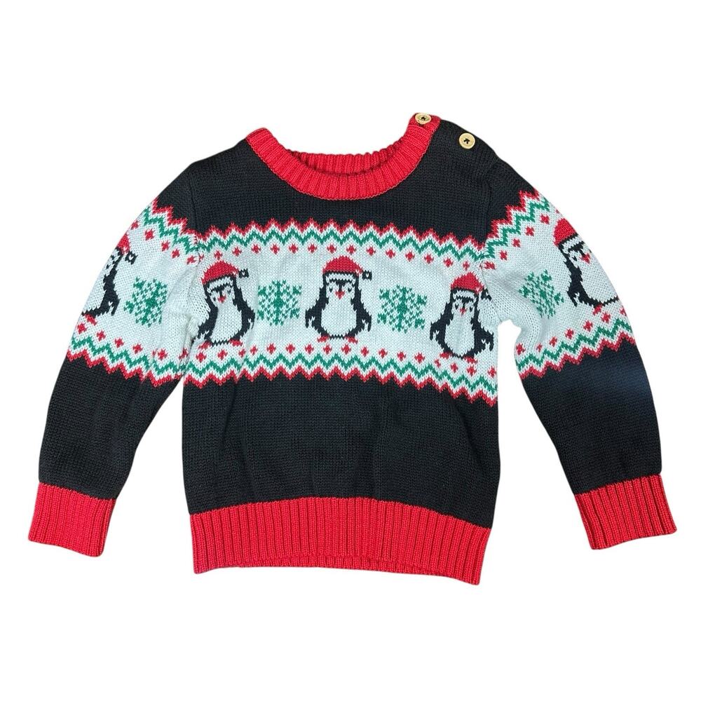 Holiday Time Boys Black Fair‎ Isle Penguin Sweater Size 2T Christmas Black Red